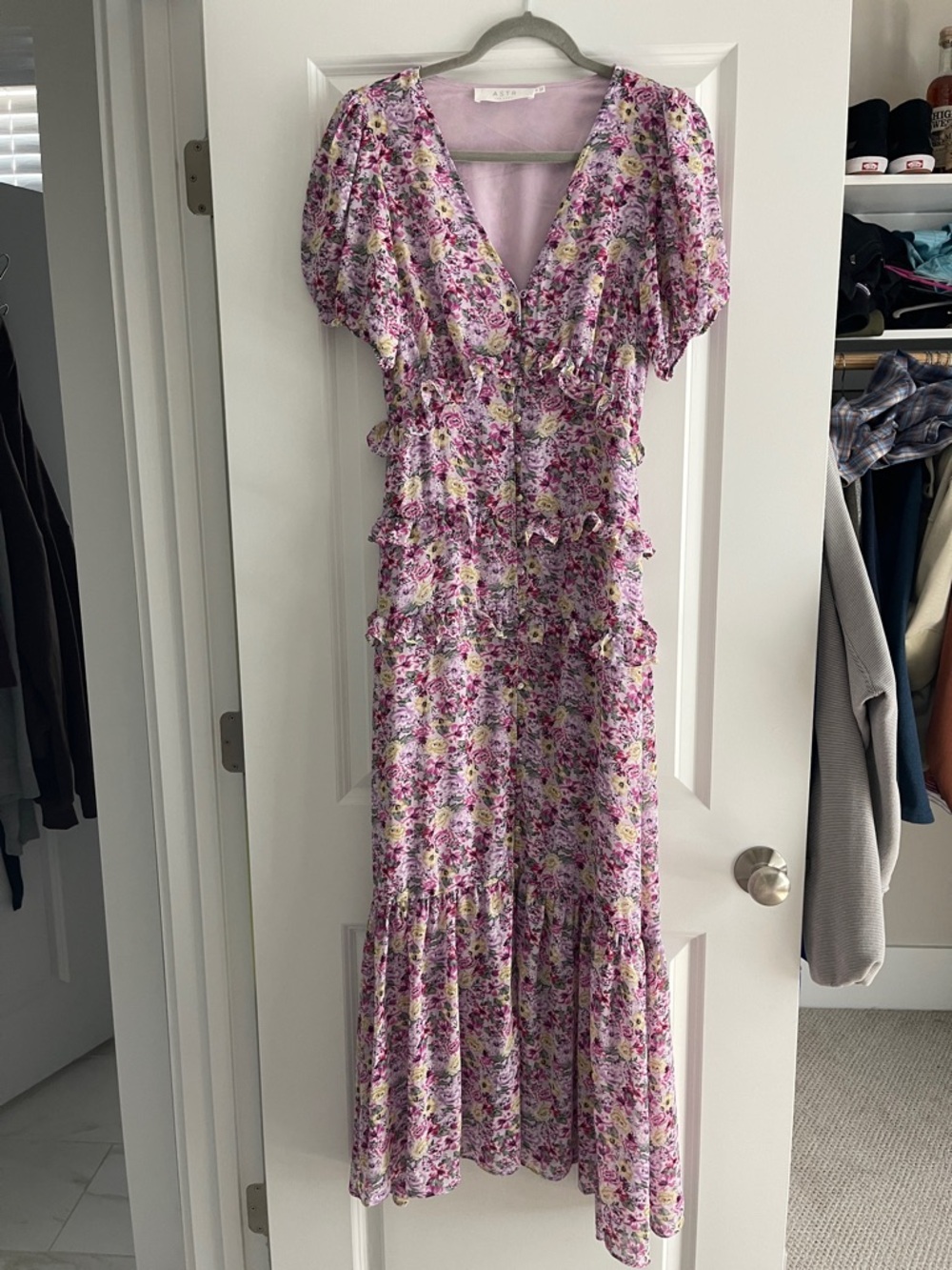 Astr Floral Button-Front Pink Purple Maxi Dress
